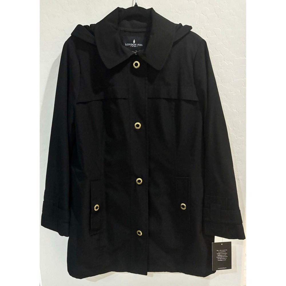 London Fog Women Black Hooded Trench Coat Jacket Gold Hardware Size L NWT
